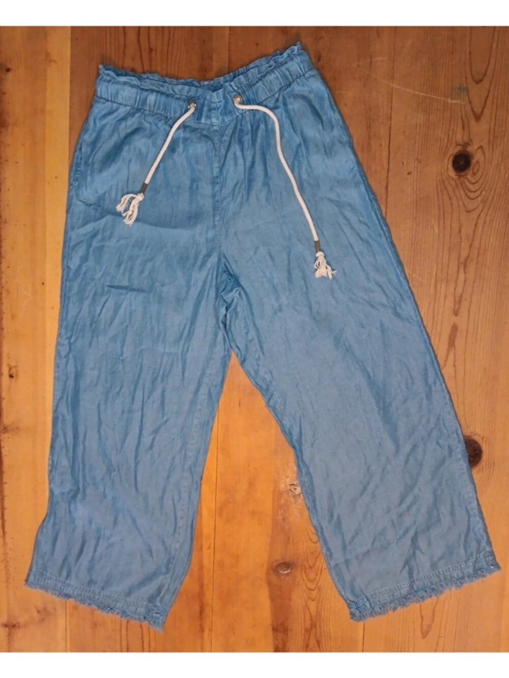 Andrew Marc New York Womens L Chambray Pants Wide Leg Tencel Boho Resort Travel